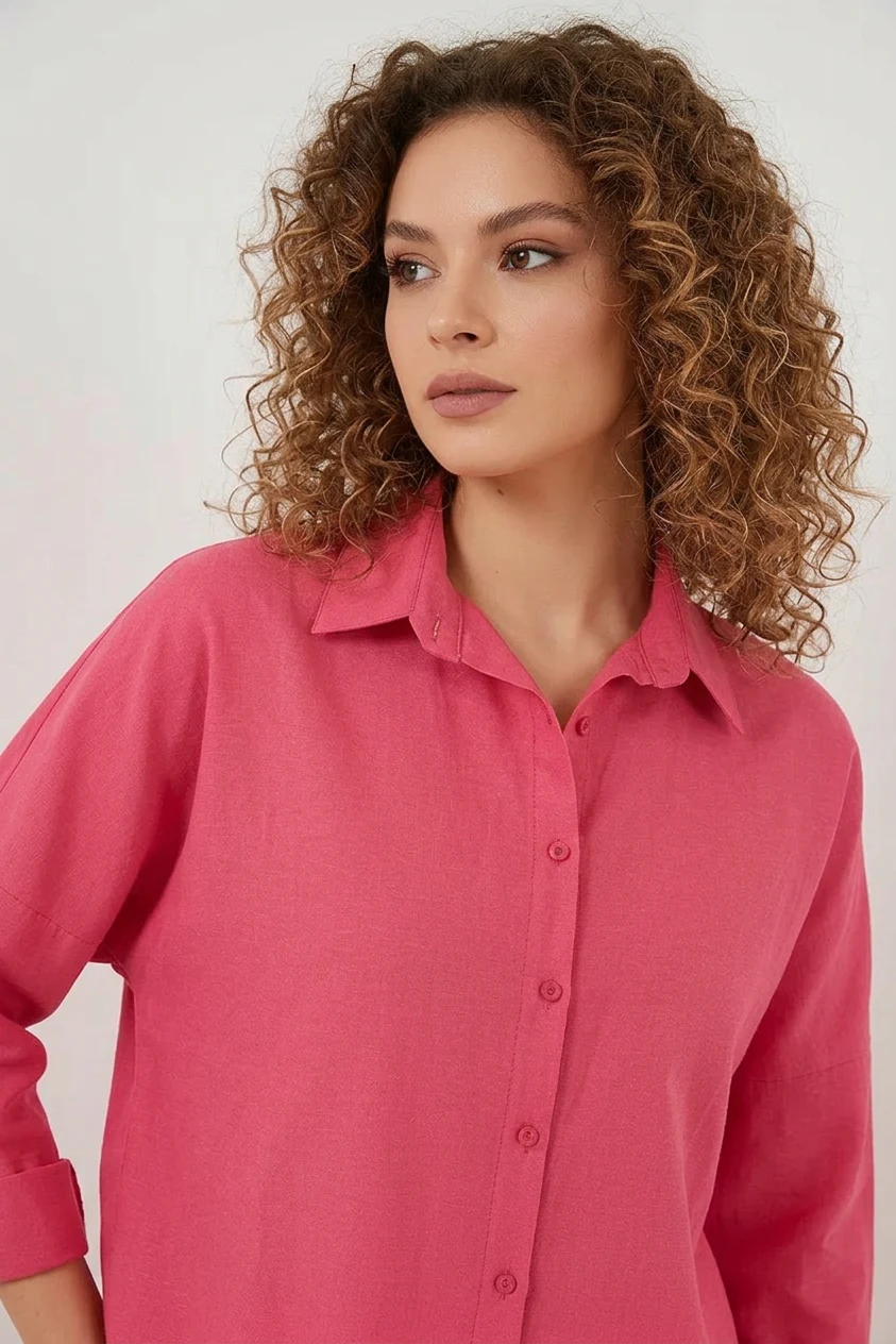 Kadın Oversize Kesim Basic Pamuklu Nar Gömlek