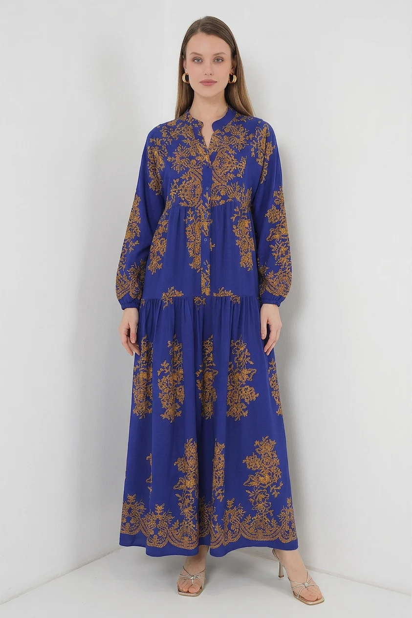 Kadın Gömlek Yaka Beli Büzgülü Uzun Kol Otantik Desenli Viskon Mor Tesettür Elbise