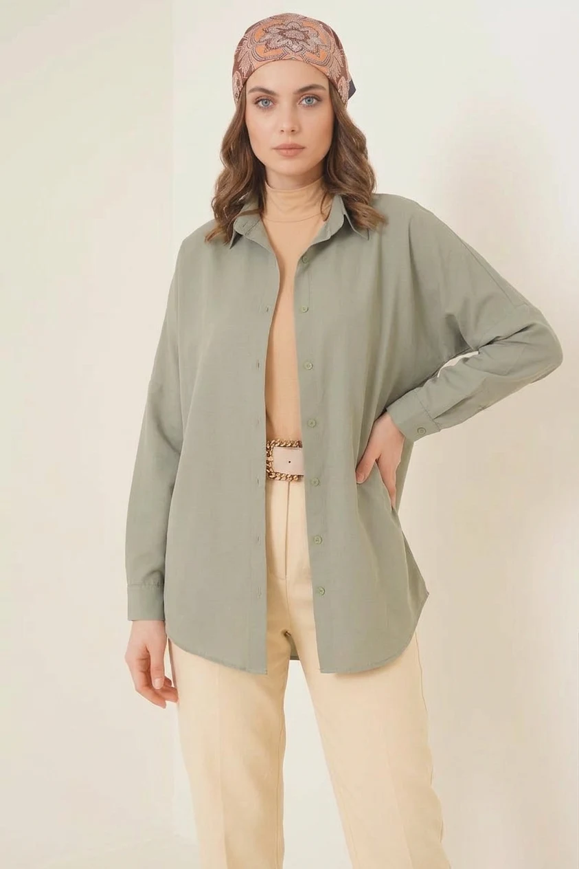 Kadın Rahat Kesim Basic Oversize Pamuklu Haki Tesettür Gömlek