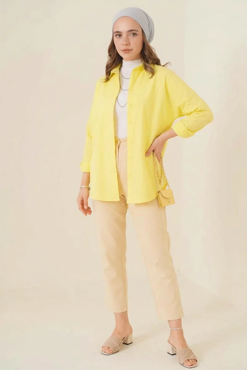 Kadın Oversize Basic Pamuklu Sarı Tesettür Gömlek