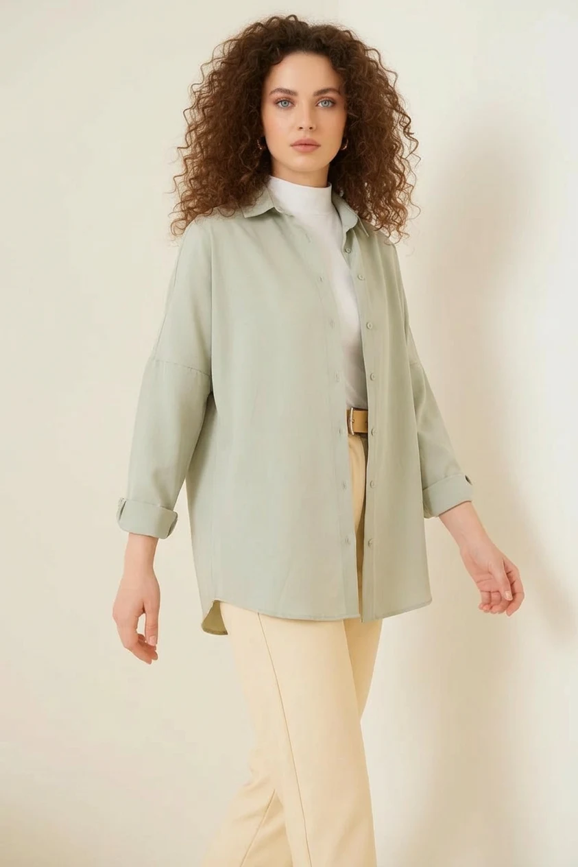 Kadın Oversize Basic Pamuklu Açık Haki Tesettür Gömlek
