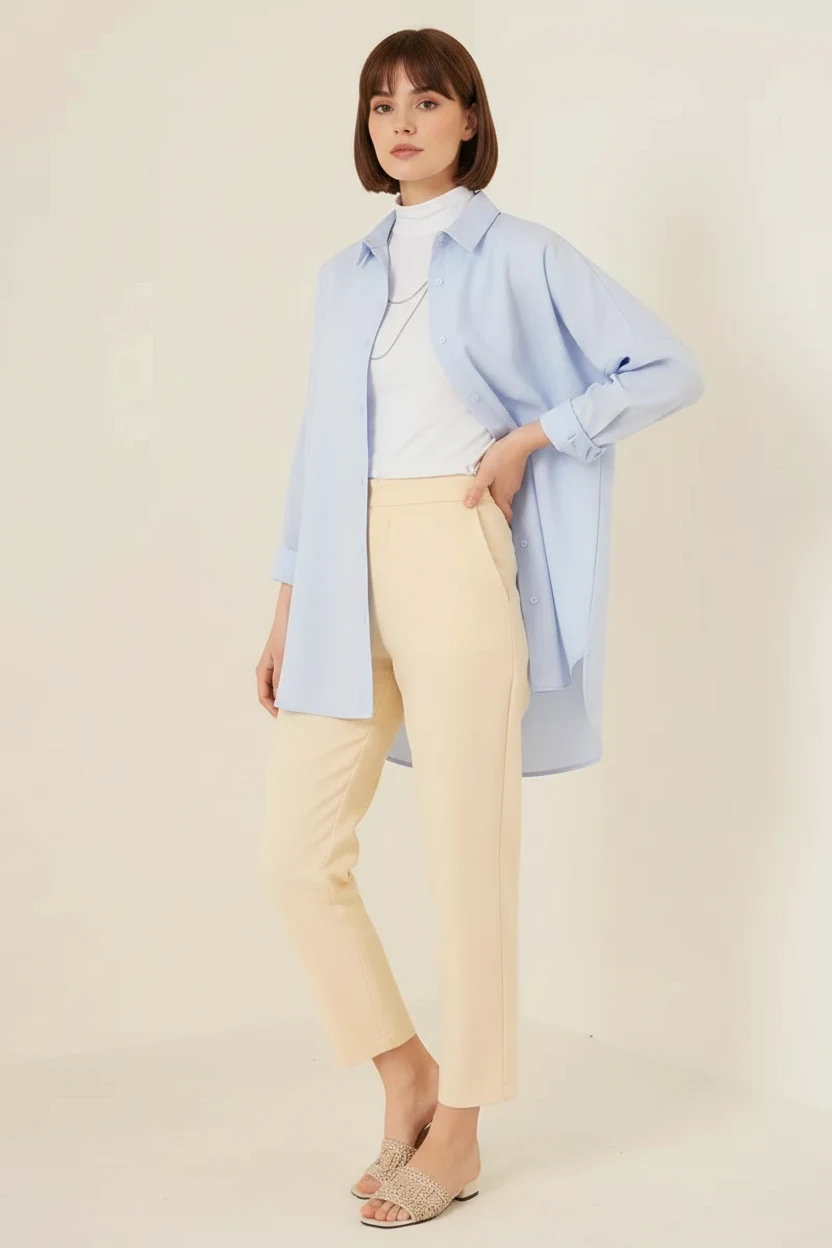 Kadın Katlanmış Kol Basic Oversize Pamuklu Açık Mavi Tesettür Gömlek