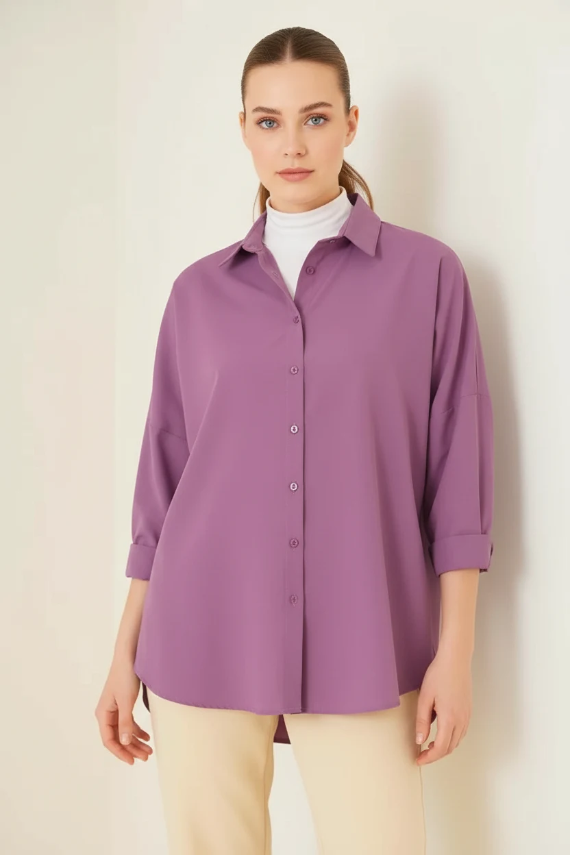 Kadın Oversize Basic Pamuklu Koyu Lila Tesettür Gömlek