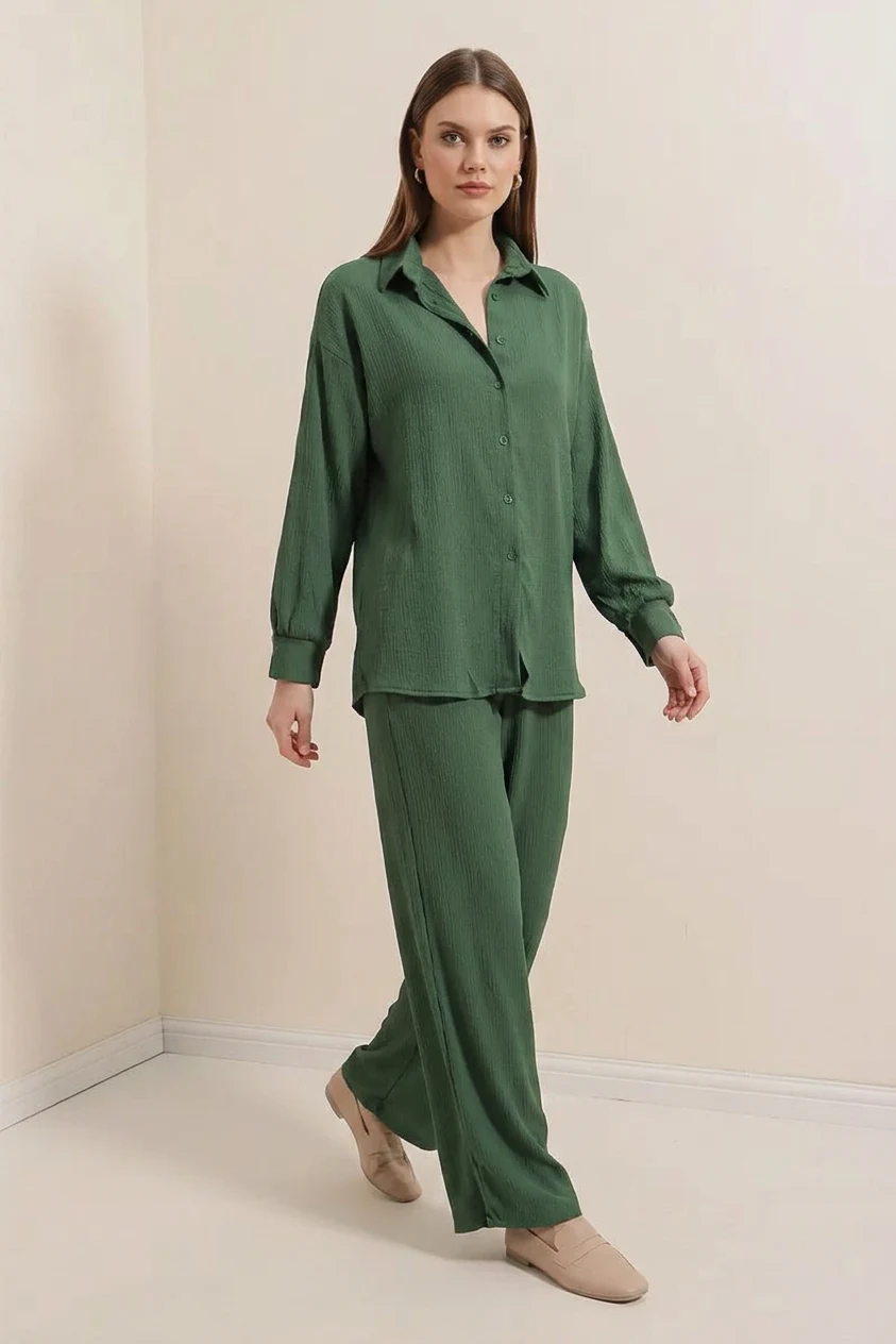 Kadın Gömlek Yaka Oversize Zümrüt Yeşili İkili Takım