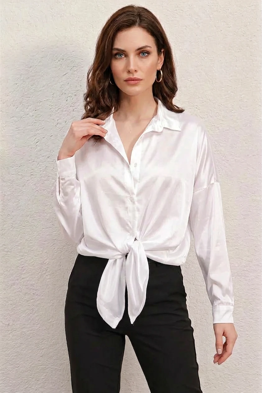 Kadın Oversize Saten Beyaz Gömlek