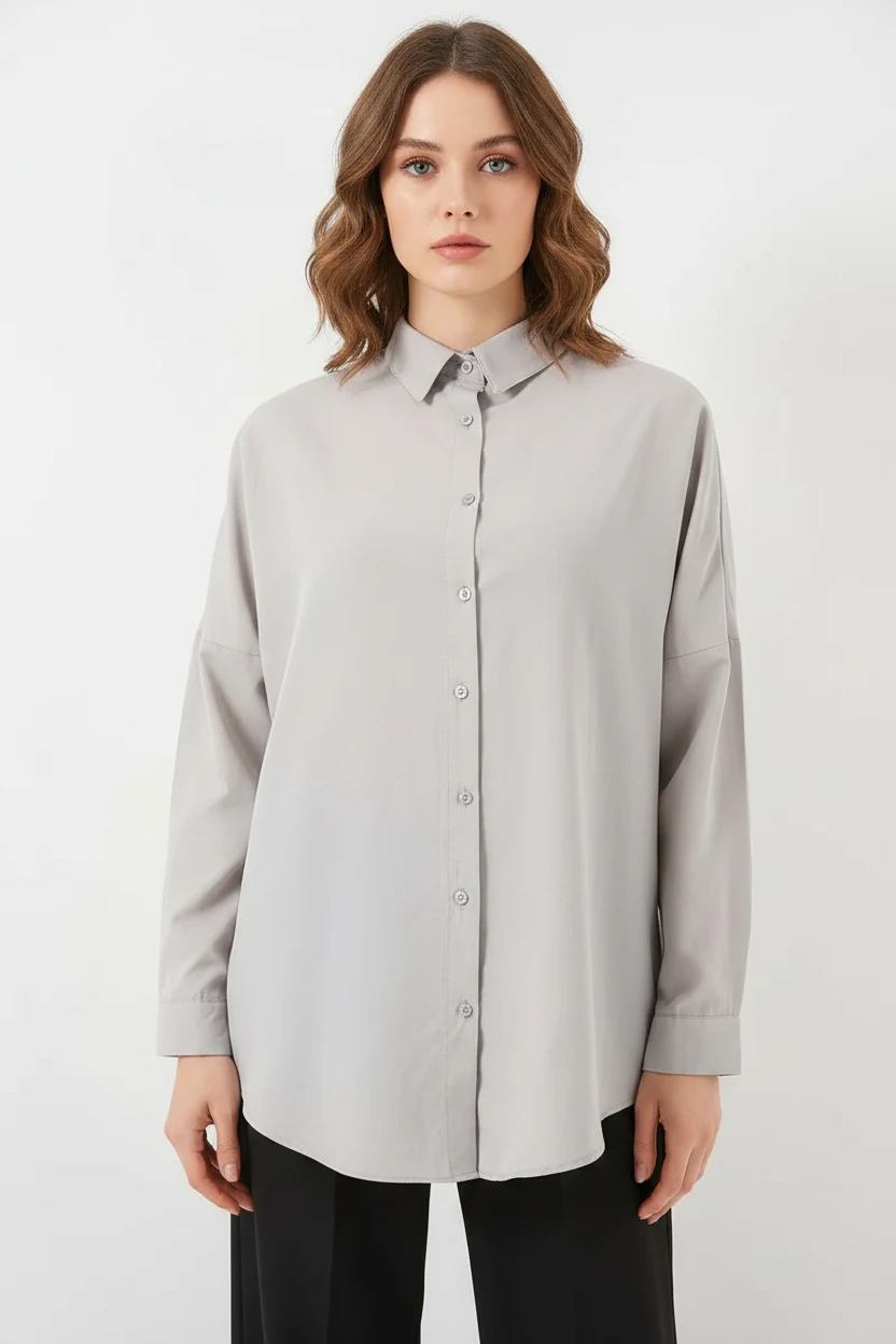 Kadın Oversize Kesim Basic Pamuklu Açık Gri Tesettür Gömlek
