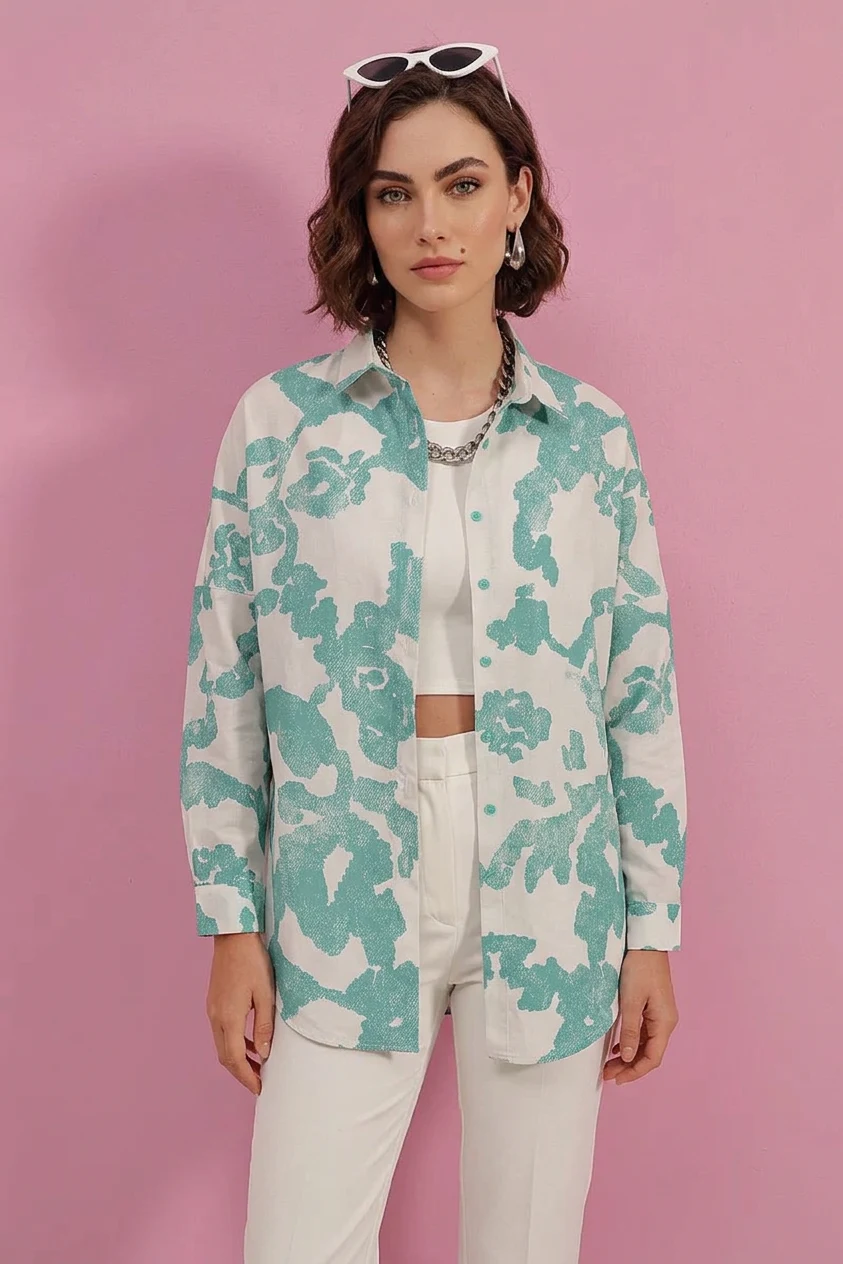 Kadın Basic Oversize Desenli Pamuklu D. Mint Gömlek
