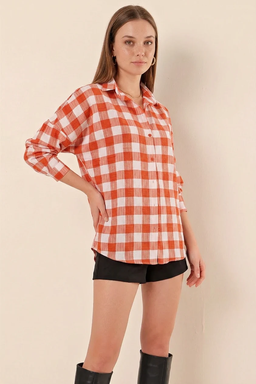 Kadın Kareli Desen Basic Oversize Pamuklu Taba Gömlek