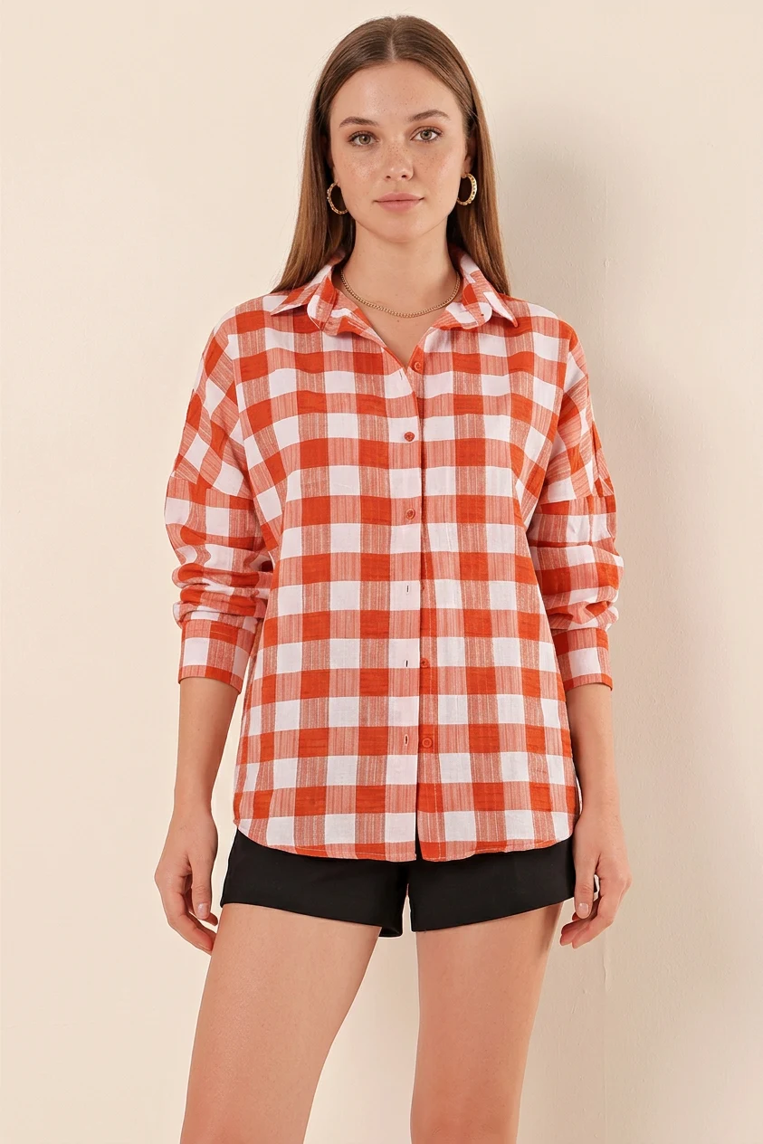 Kadın Kareli Desen Basic Oversize Pamuklu Taba Gömlek