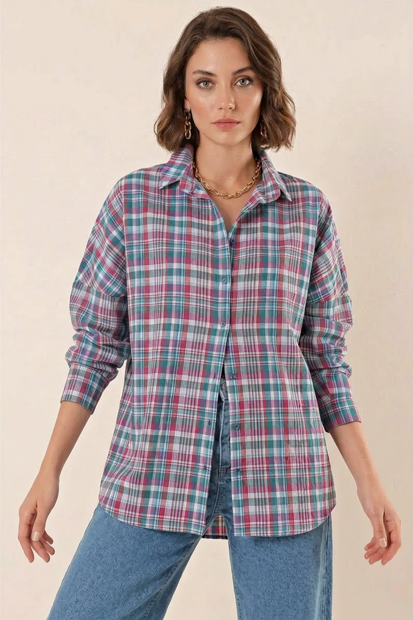 Kadın Kareli Desen Basic Oversize Pamuklu A. Kiremit Gömlek