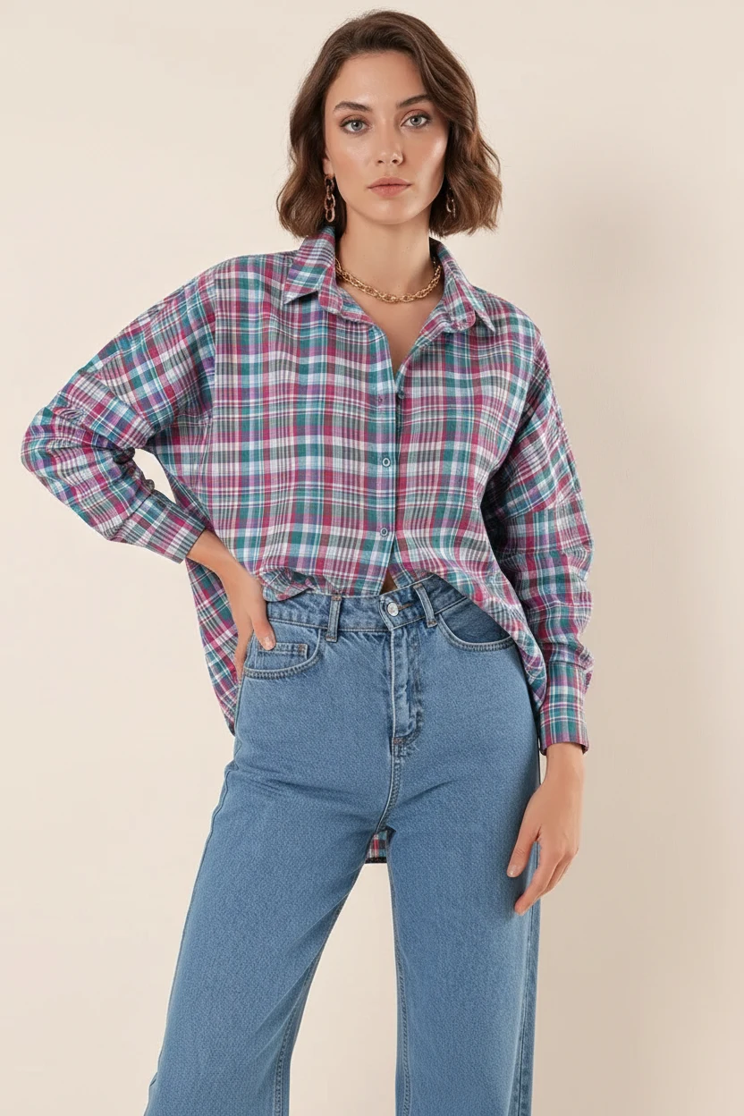 Kadın Kareli Desen Basic Oversize Pamuklu A. Kiremit Gömlek