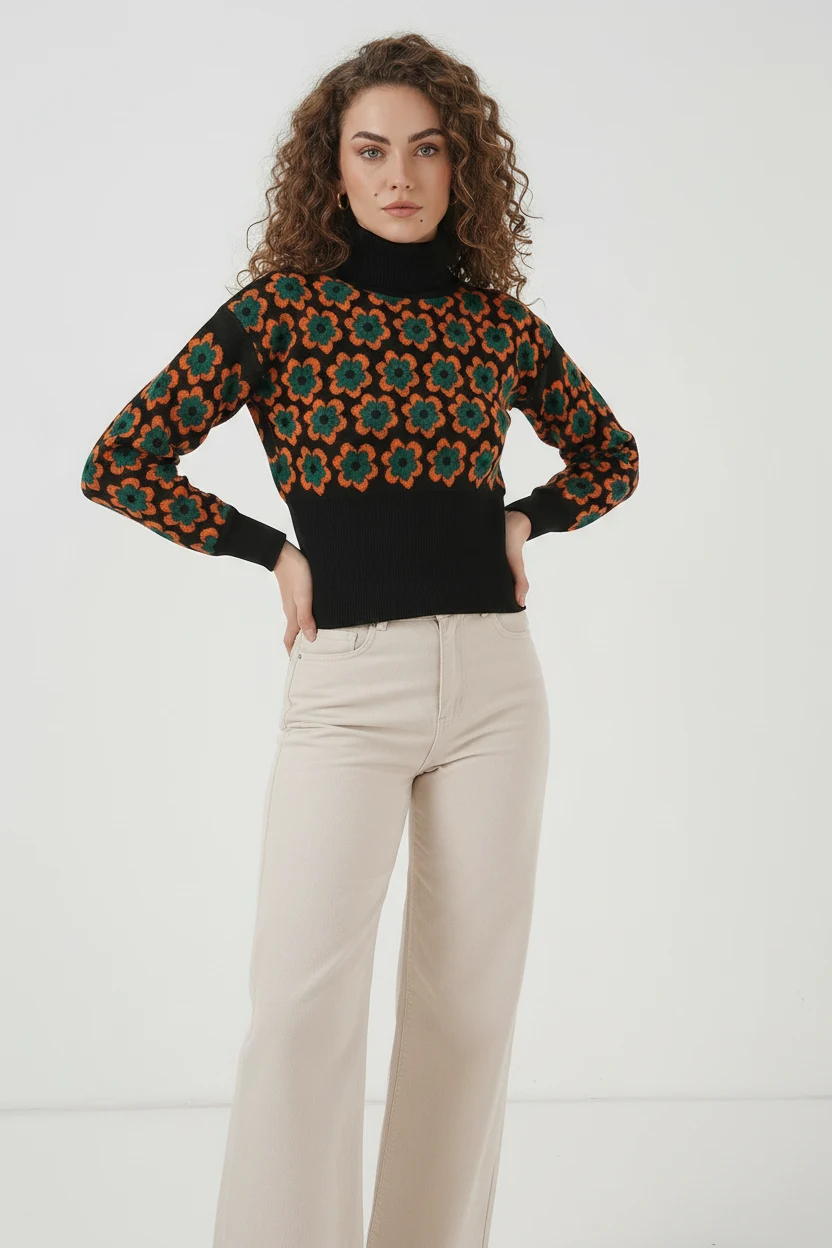Kadın Boğazlı Crop Çiçek Desenli Oranje Kazak