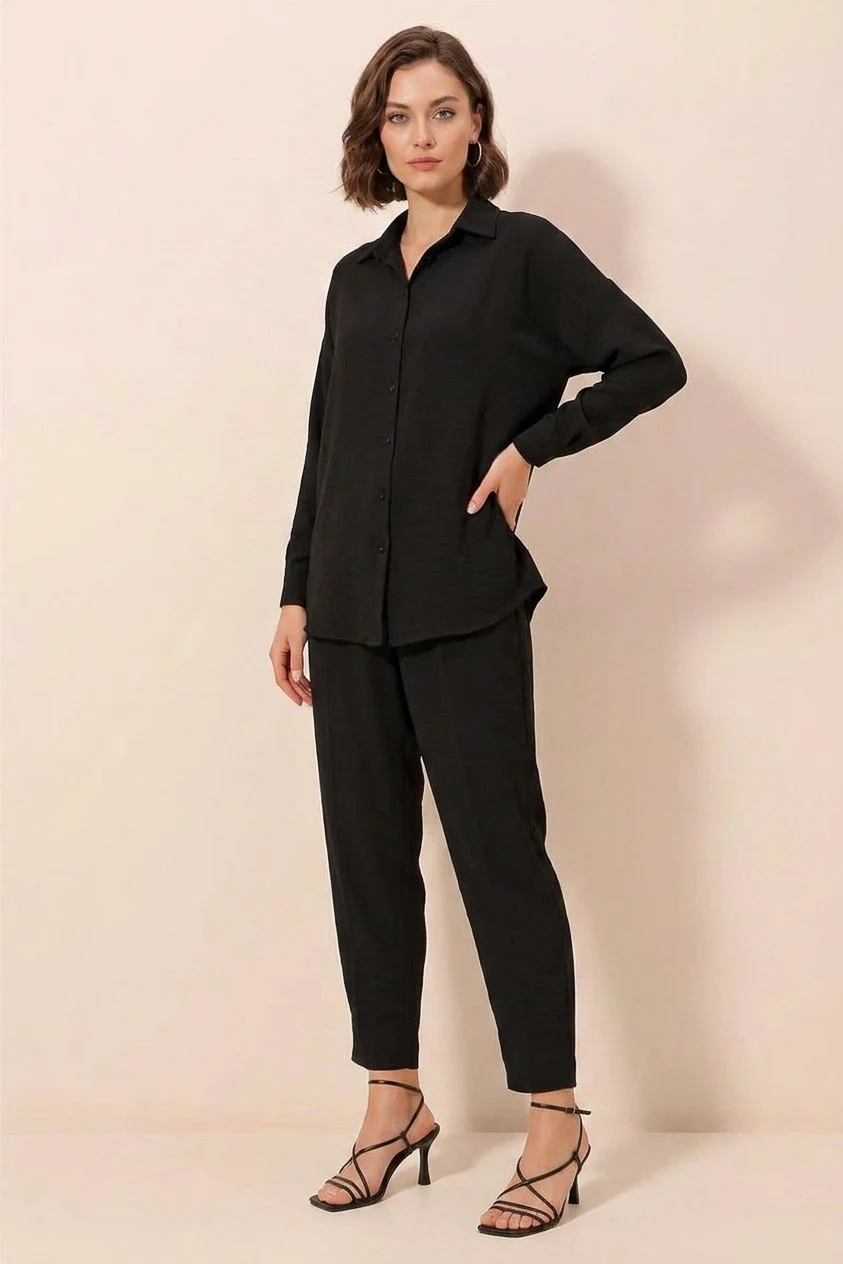 Kadın Gömlek Yaka Oversize Kesim Siyah İkili Takım