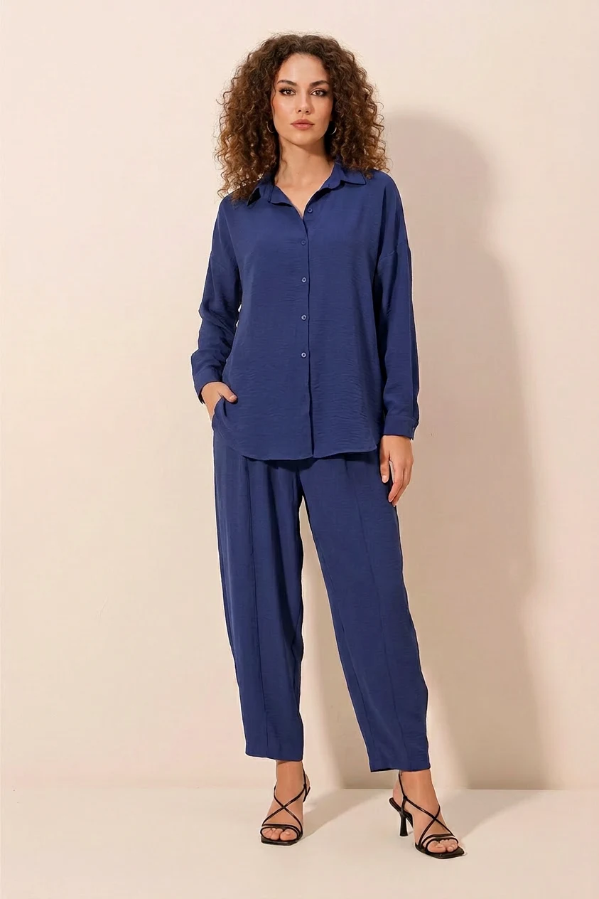 Kadın Gömlek Yaka Düğmeli Oversize Saks İkili Takım