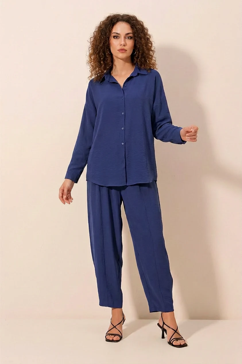 Kadın Gömlek Yaka Düğmeli Oversize Saks İkili Takım