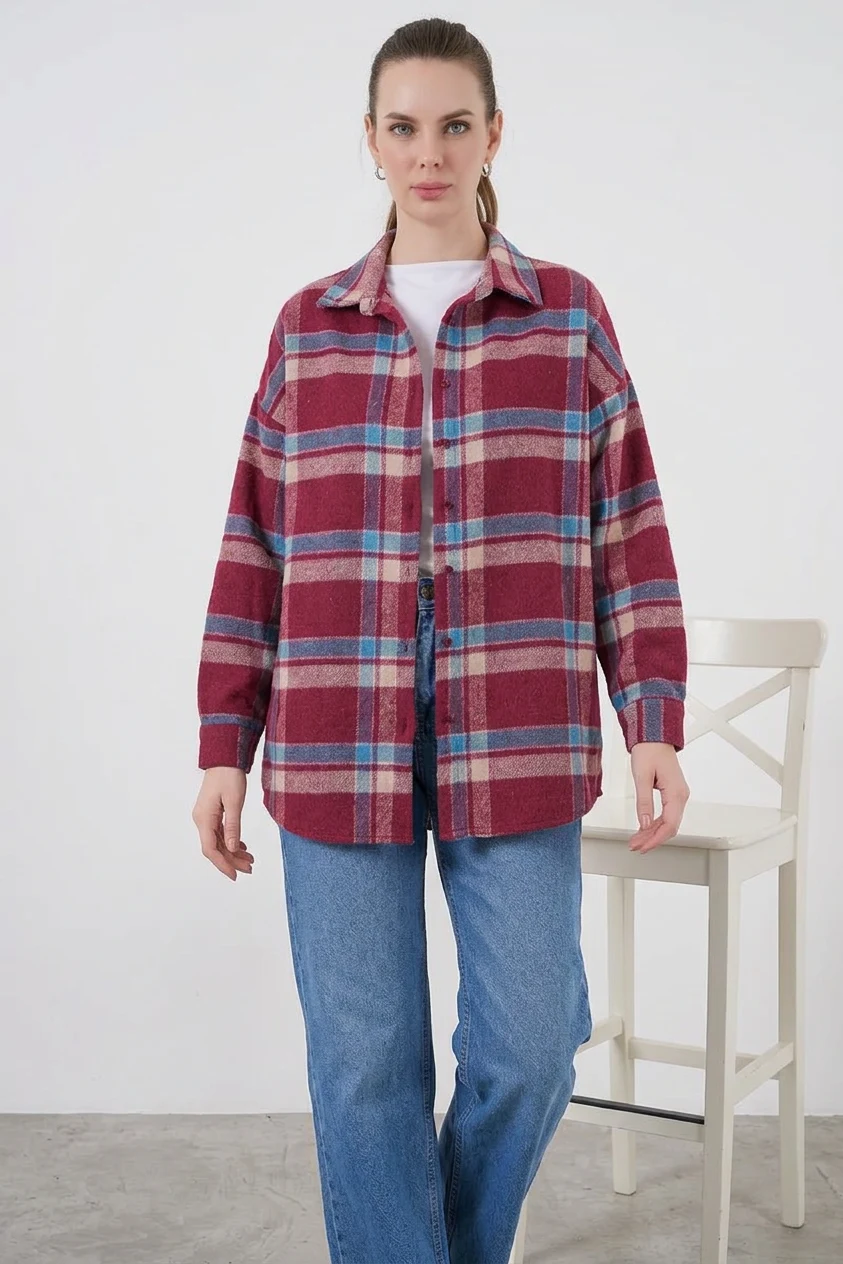 Kadın Oversize Ekose Desenli Pamuklu A.Kiremit Gömlek