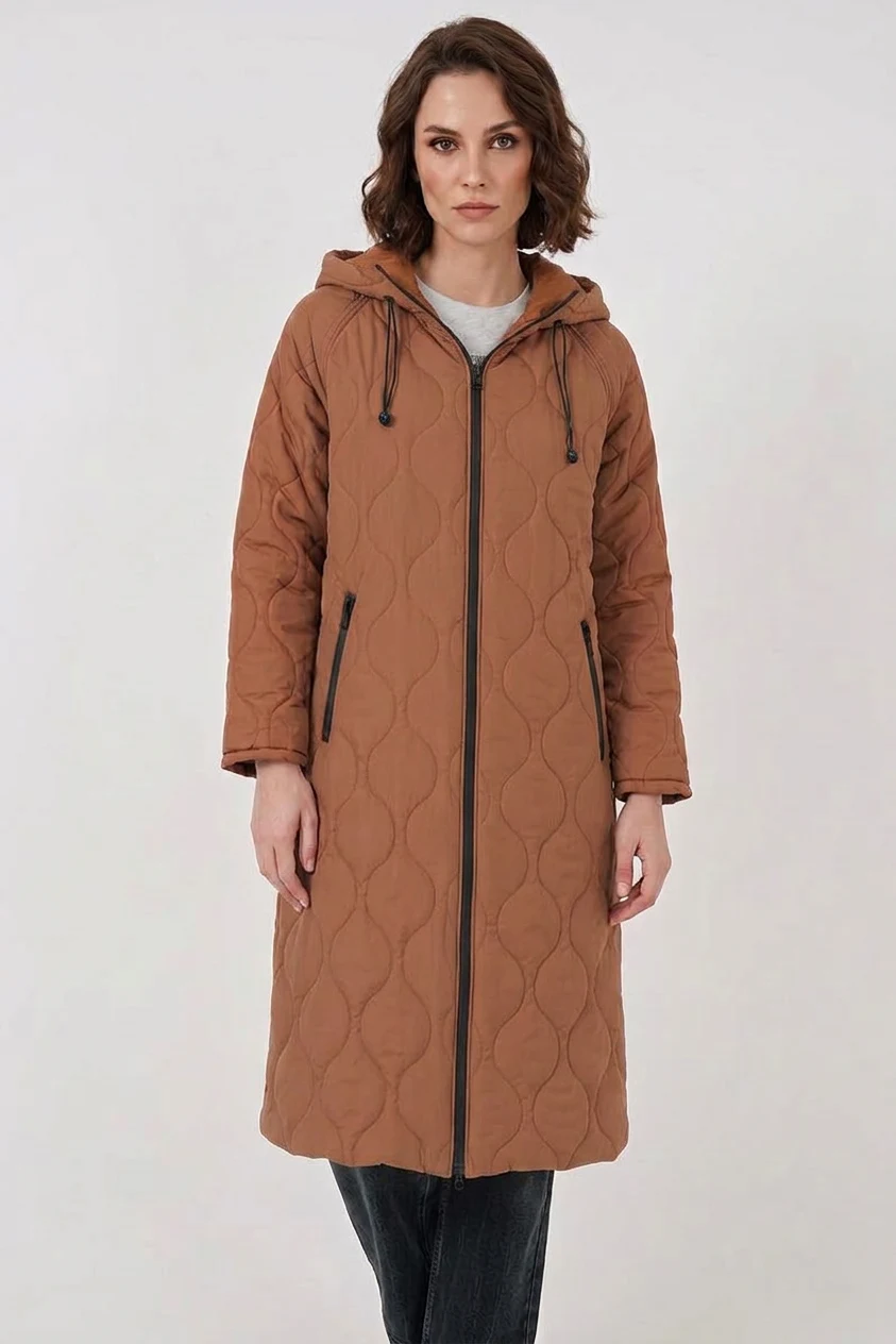 Kadın Kapüşonlu Kapitone Taba Mont