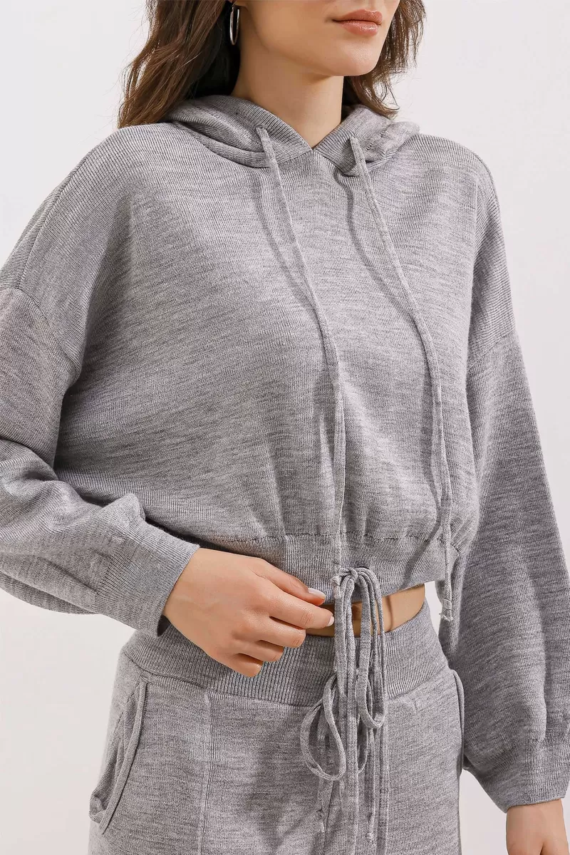 Kadın Kapüşonlu Beli Büzgülü Geniş Kesim Oversize Triko Gri İkili Takım