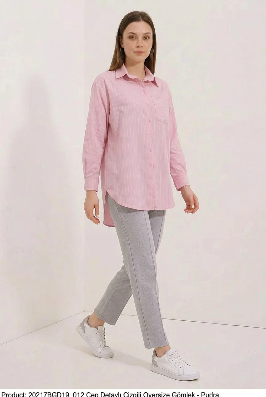 Kadın Oversize Çizgili Pamuklu Pudra Gömlek