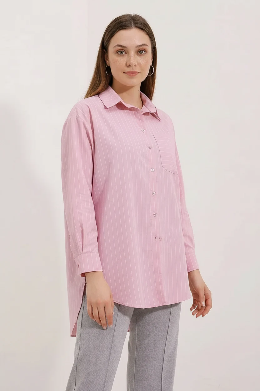 Kadın Oversize Çizgili Pamuklu Pudra Gömlek