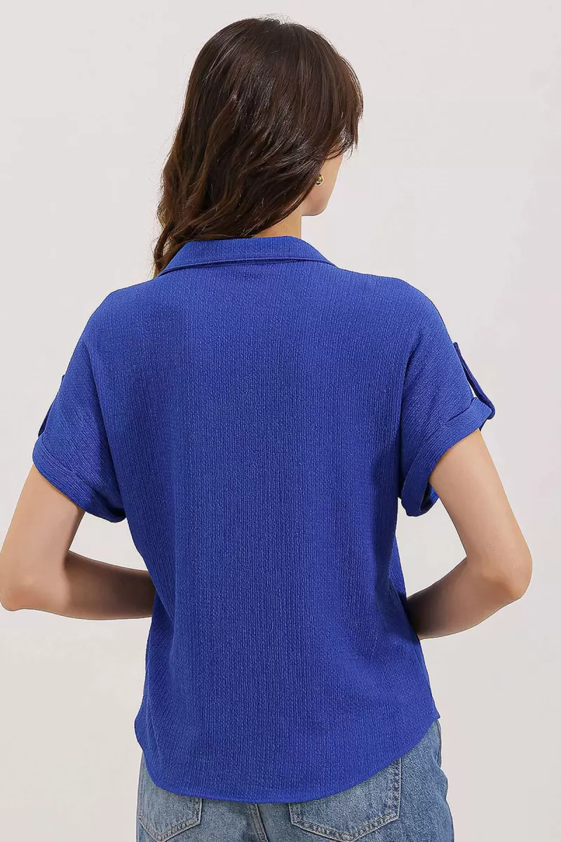 Kadın Kısa Kol Oversize Saks Gömlek