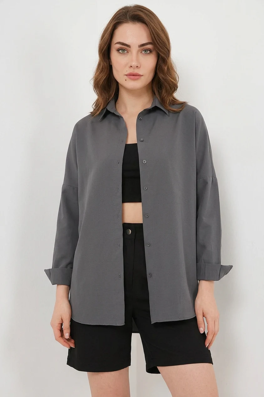 Kadın Oversize Kesim Basic Pamuklu Gri Gömlek