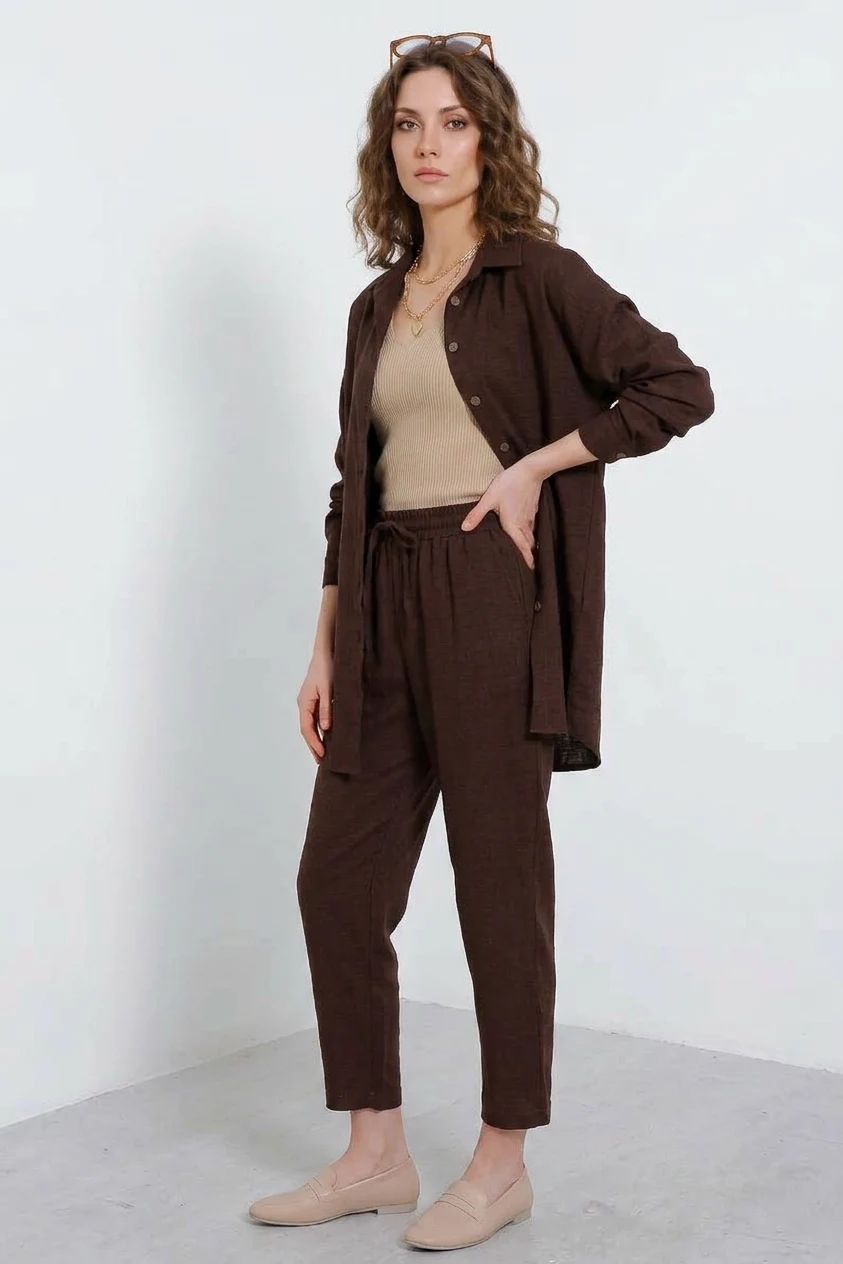 Kadın Oversize Viskon Kahverengi Takım