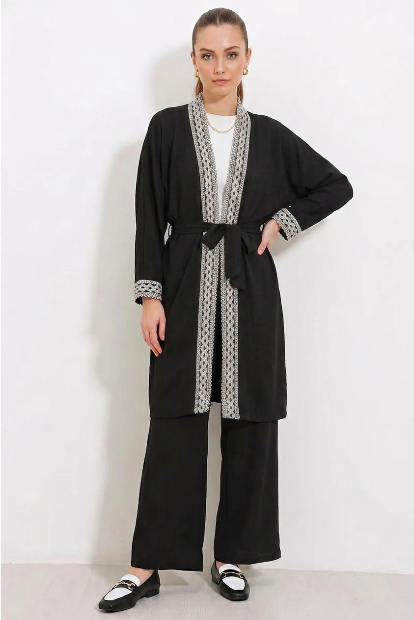 Kadın Kimono Yaka Örme Dantel Detaylı Siyah Takım