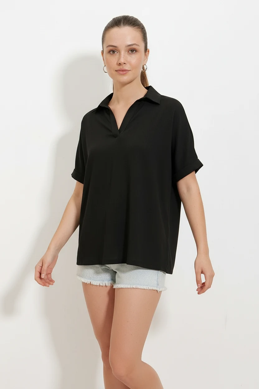 Kadın Polo Yaka Kısa Kol Oversize Siyah Bluz