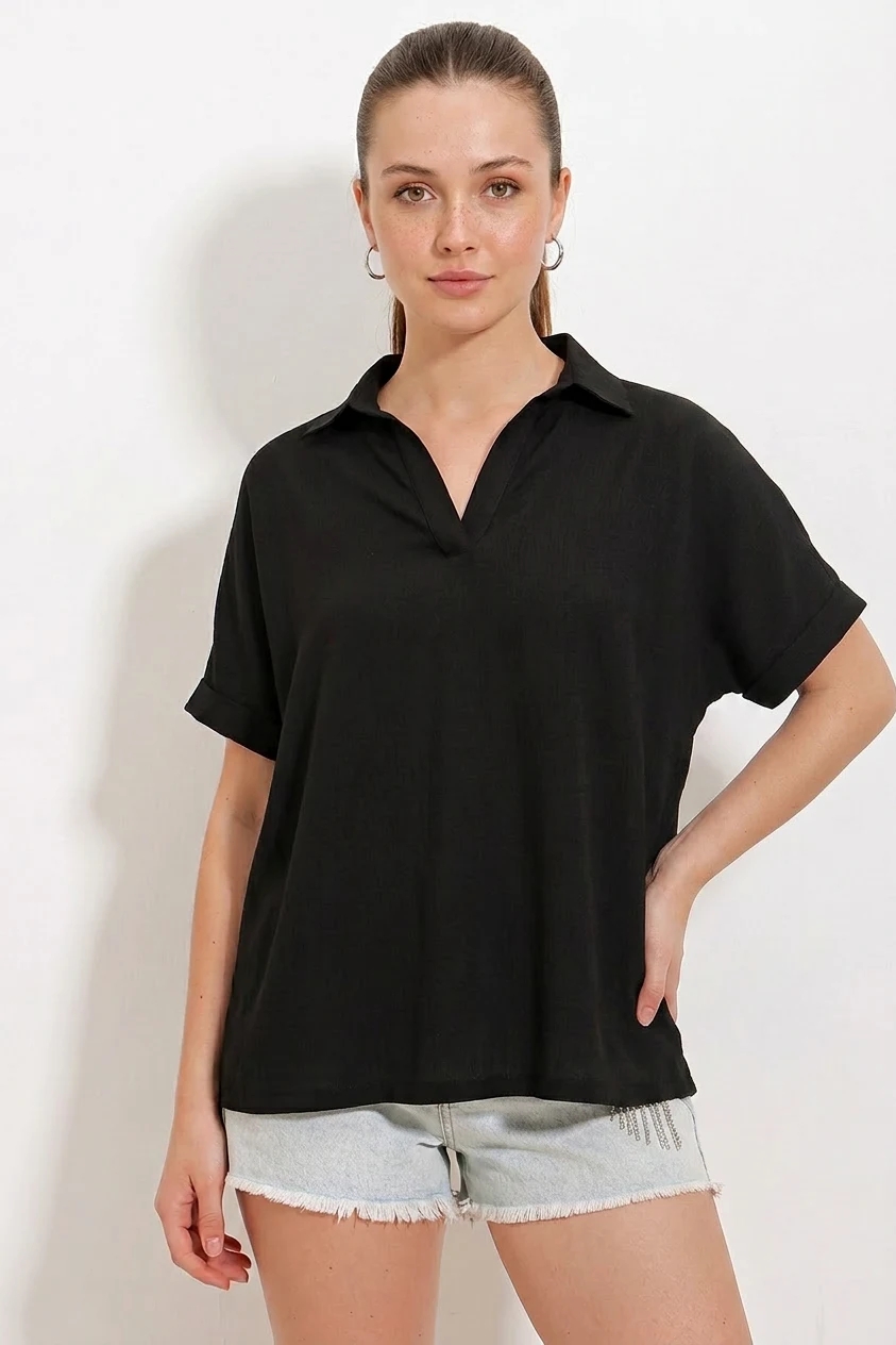 Kadın Polo Yaka Kısa Kol Oversize Siyah Bluz