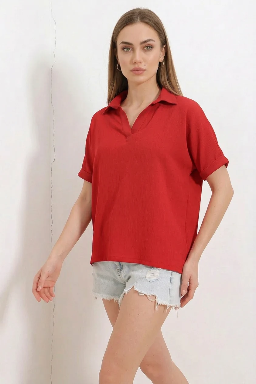 Kadın Polo Yaka Kısa Kol Oversize Kırmızı Bluz