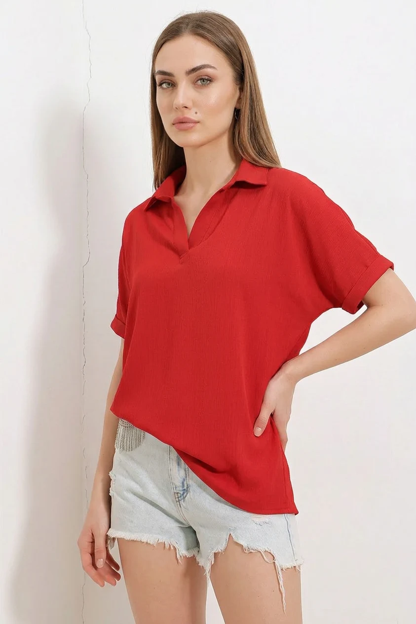 Kadın Polo Yaka Kısa Kol Oversize Kırmızı Bluz