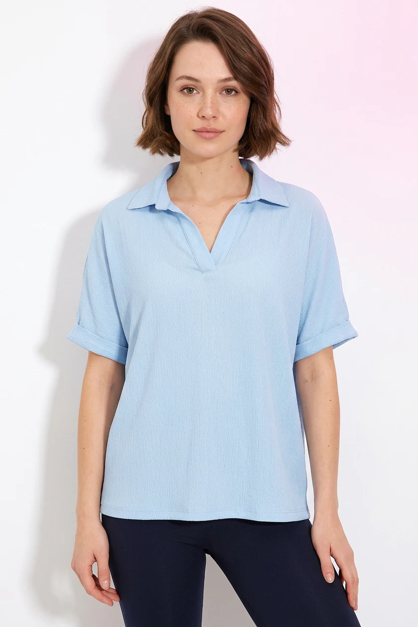 Kadın Polo Yaka Kısa Kol Düğmeli Oversize Mavi Bluz