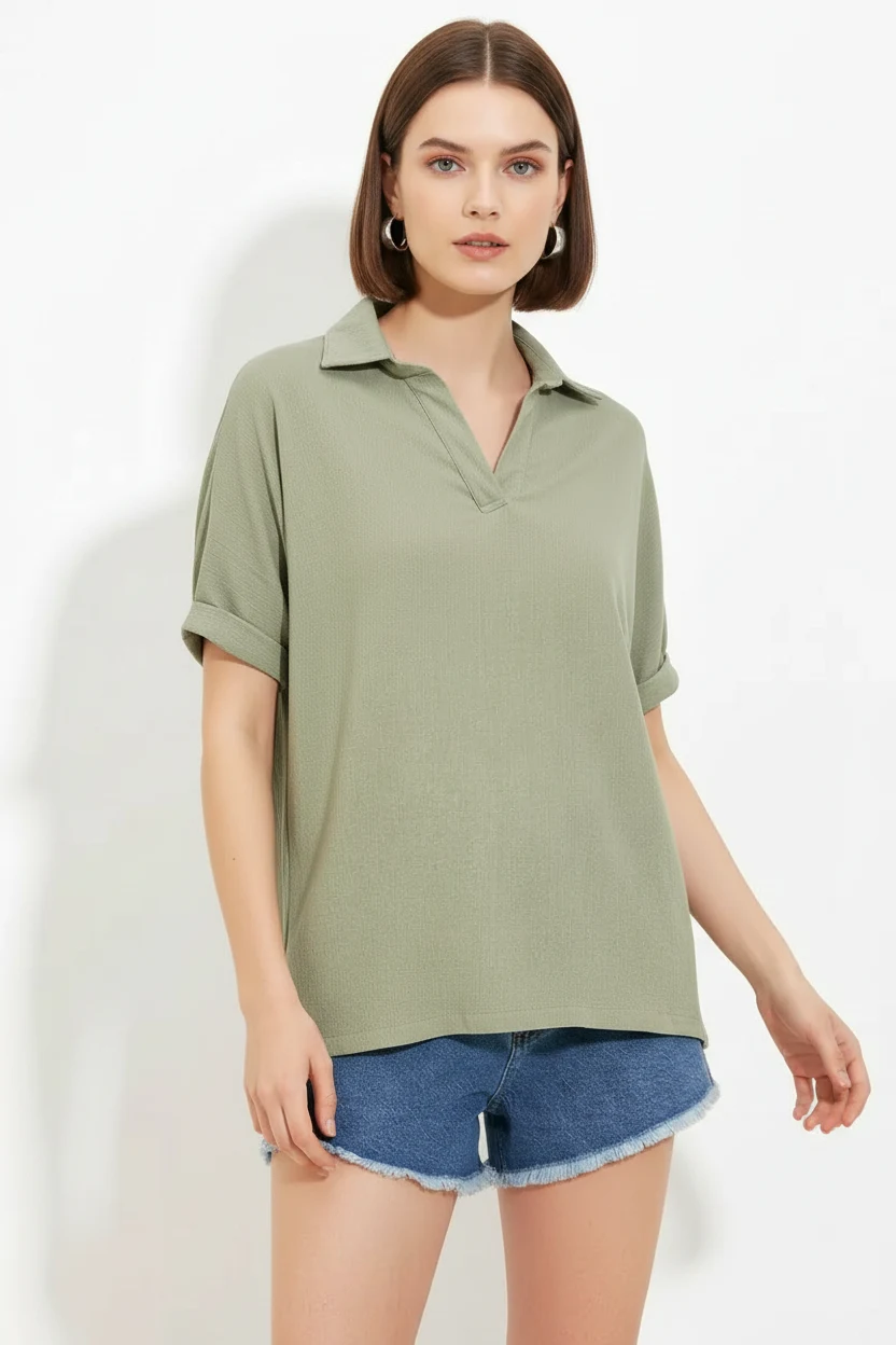 Kadın Polo Yaka Kısa Kol Oversize Çağla Yeşili Bluz