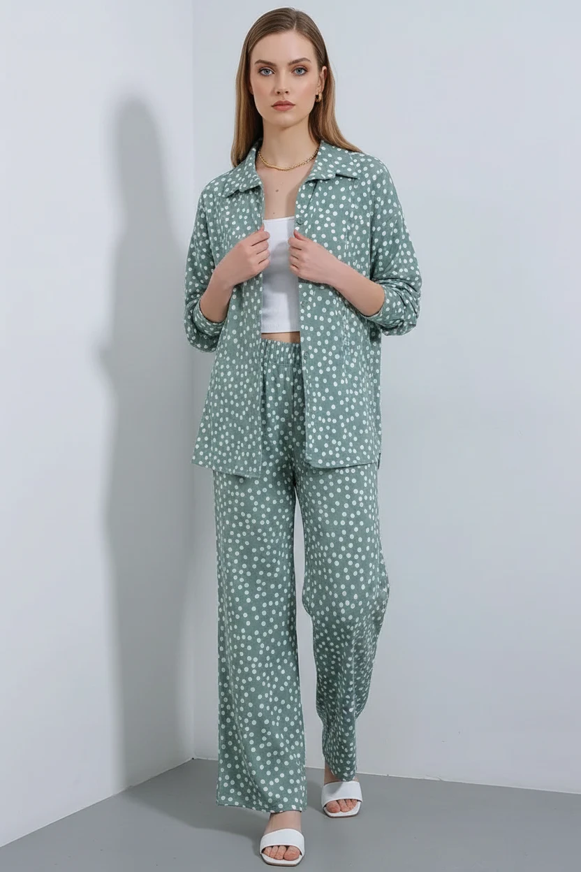 Kadın Gömlek Yaka Oversize Puantiyeli Mint İkili Takım