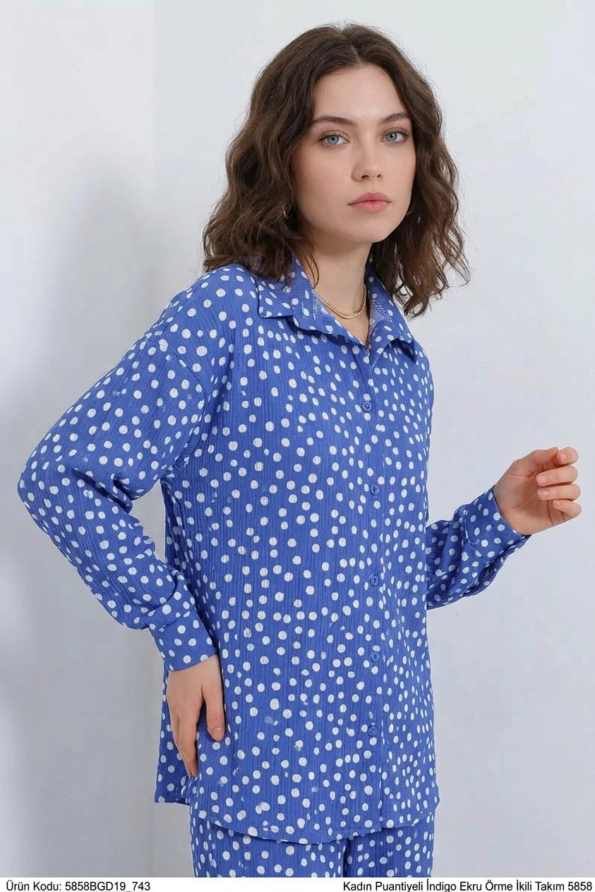 Kadın Gömlek Yaka Oversize Puantiyeli İndigo İkili Takım
