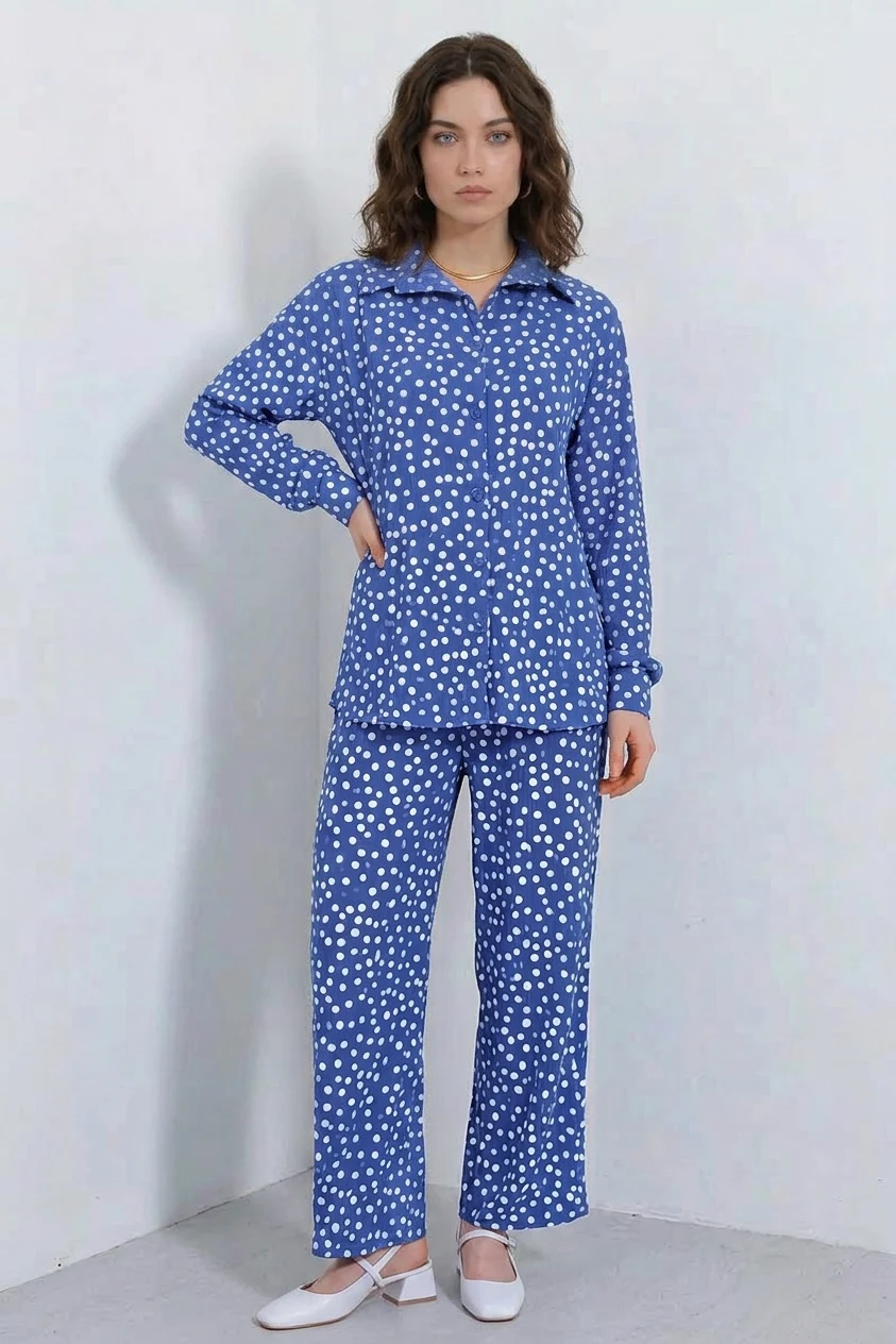 Kadın Gömlek Yaka Oversize Puantiyeli İndigo İkili Takım