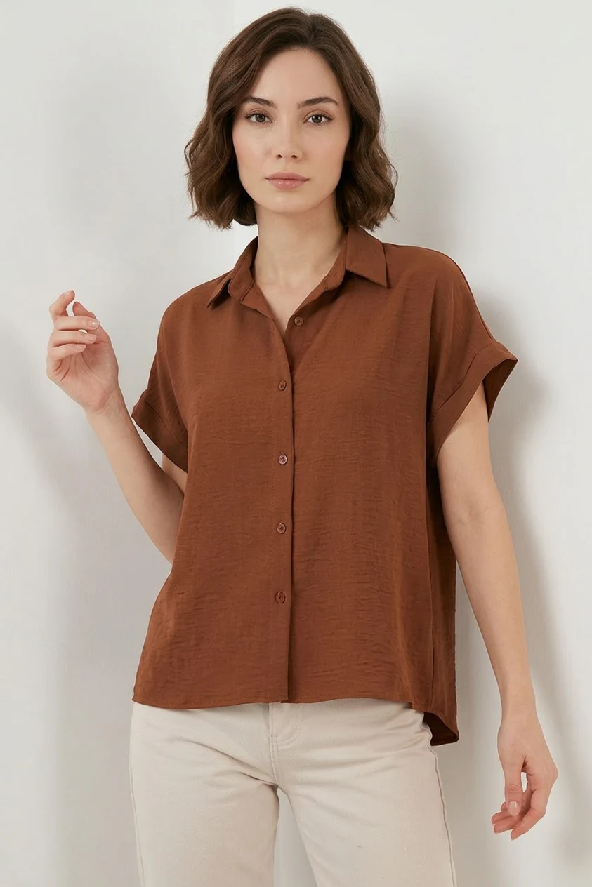Kadın Kısa Kol Oversize Taba Gömlek