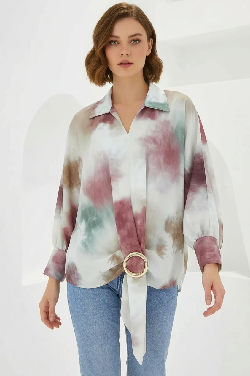 Kadın Dökümlü Oversize Saten Gül Kurusu Gömlek