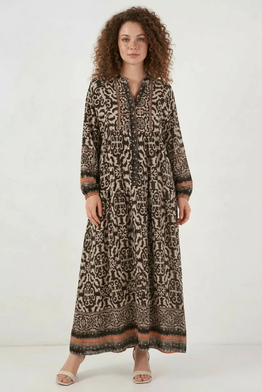 Kadın Hakim Yaka Desenli Viskon Siyah Tesettür Elbise