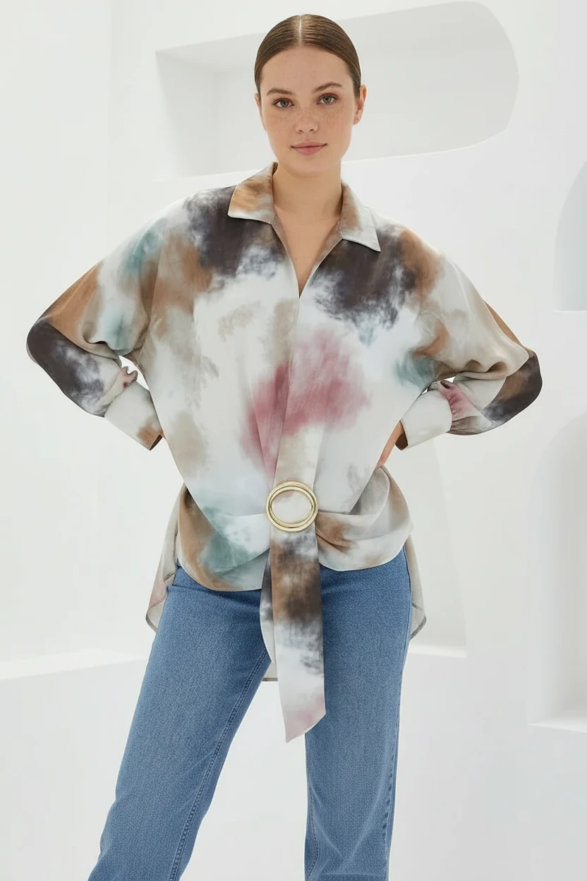 Kadın Beli Kuşaklı Oversize Desenli Saten Hardal Ekru Gömlek