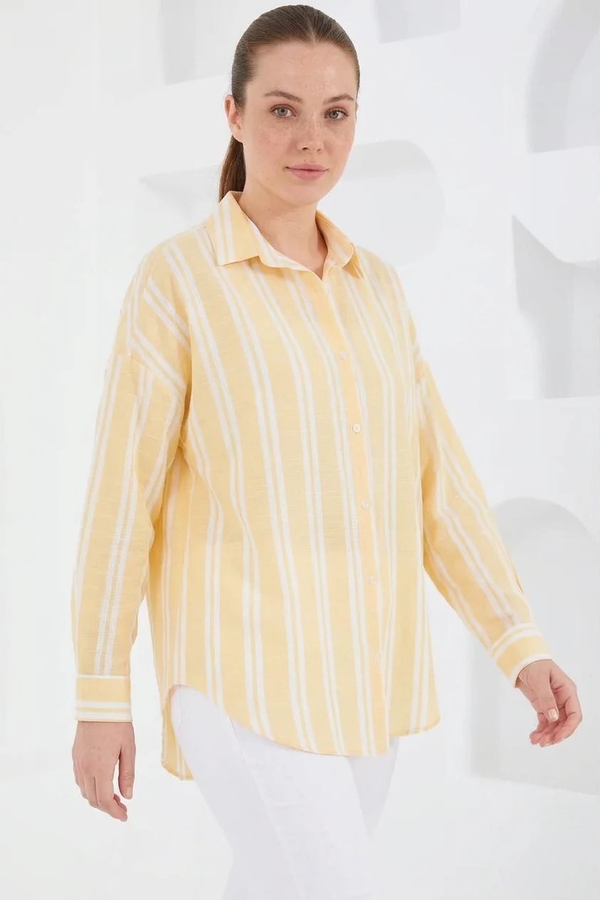 Kadın Oversize Çizgili Viskon Sarı Gömlek