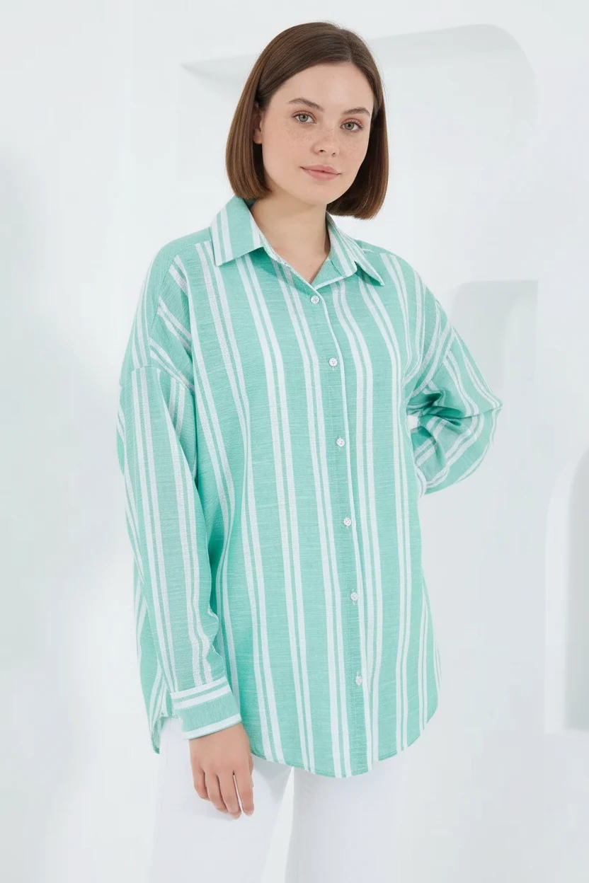 Kadın Oversize Çizgili Viskon Mint Yeşili Gömlek