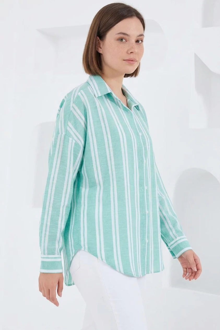 Kadın Oversize Çizgili Viskon Mint Yeşili Gömlek