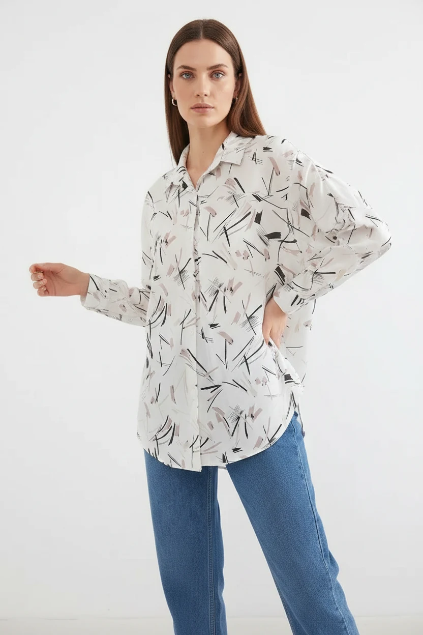 Kadın Oversize Desenli Saten Siyah Beyaz Gömlek