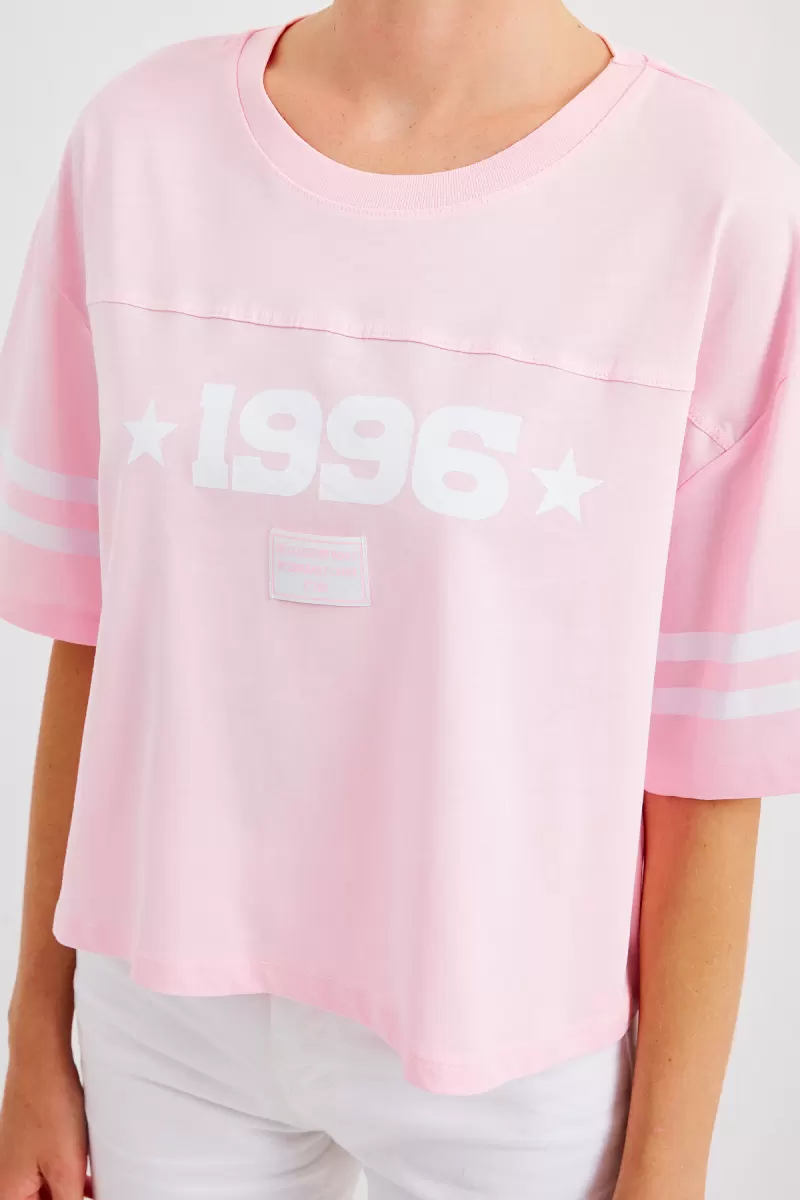 Kadın Basic Oversize Çizgili Kol Pembe Tişört
