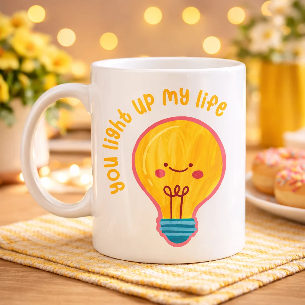 You Light Up My Life Tasarımlı Porselen Kupa Model 15 - Sevimli Ampul Desenli Hediyelik Kahve Kupası