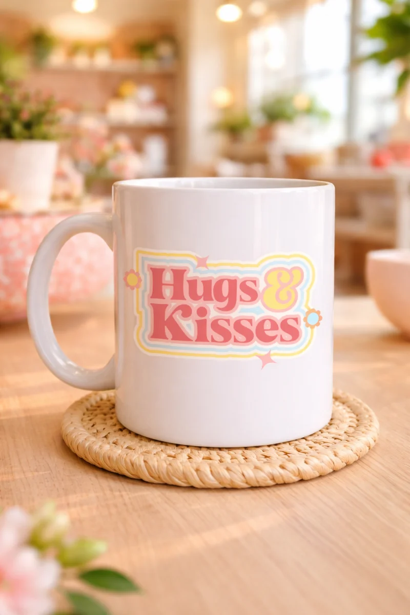 Model 30 – Hugs & Kisses Tasarımlı Porselen Kupa - Sevdiklerine Sıcacık Bir Mesaj