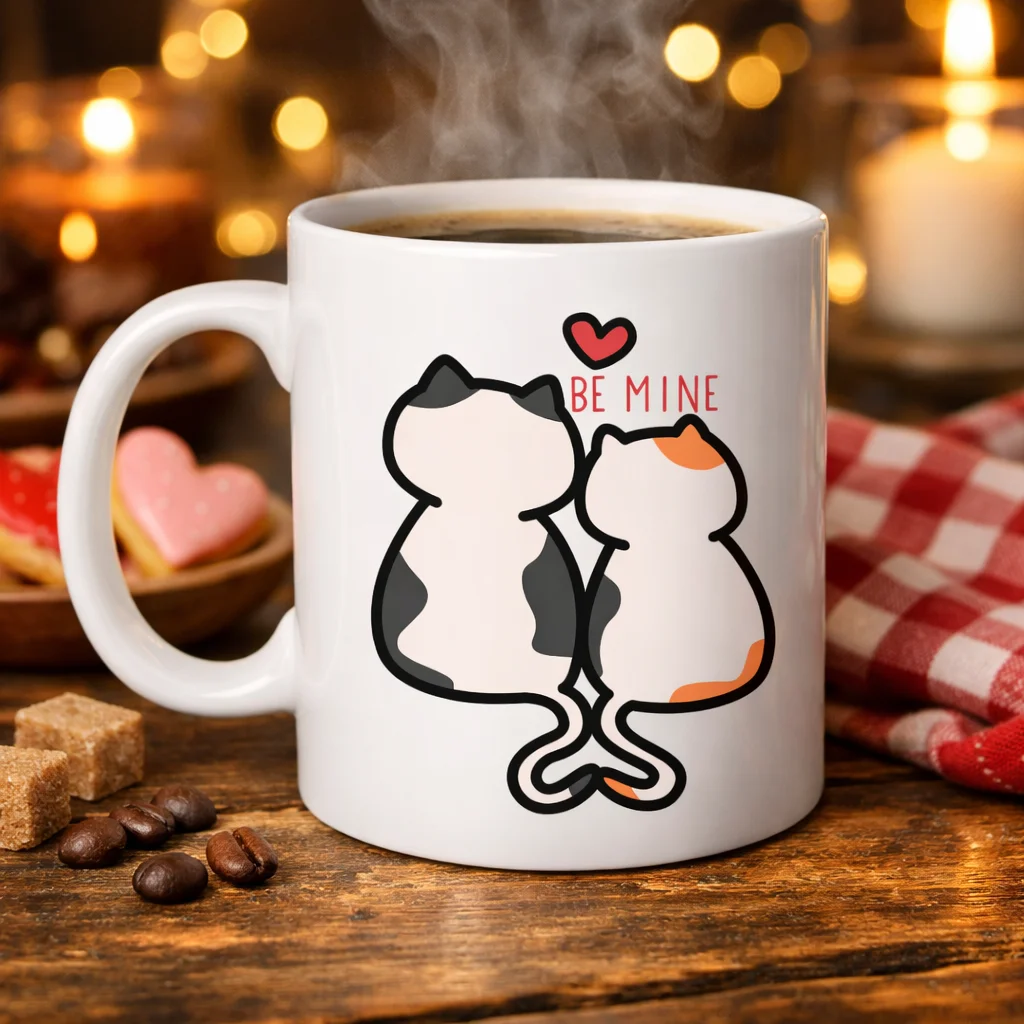 Be Mine Sevimli Kedili Porselen Kupa Model 40 – Aşık Kediler Tasarımlı Sevgiliye Özel Kahve Kupası