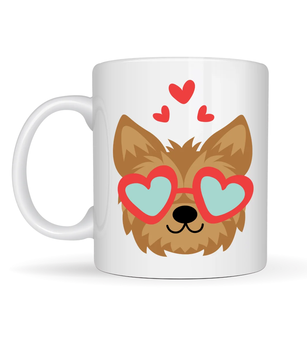 Sevimli Yorkshire Terrier Tasarımlı Porselen Kupa Model 49 – Kalpli Gözlüklü Köpek Desenli, Hediye Kupası